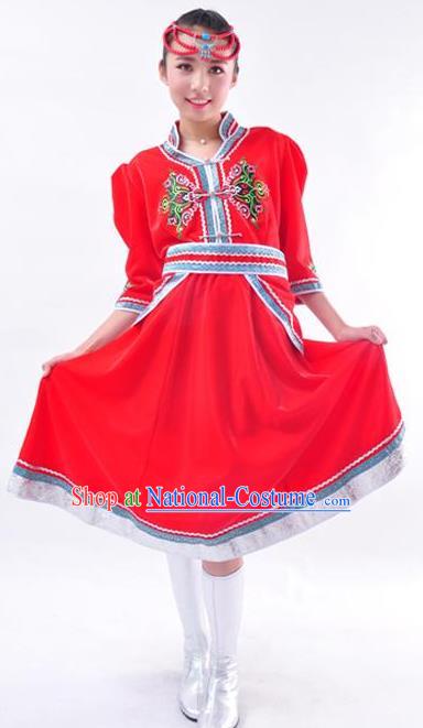 Chinese Mongol Nationality Folk Dance Costume Traditional Minority Red Mongolian Dress for Women