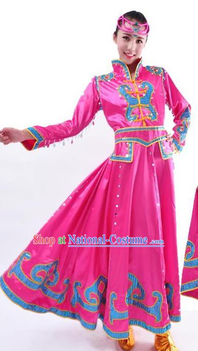 Chinese Mongol Nationality Folk Dance Costume Traditional Mongolian Minority Rosy Big Swing Dress for Women