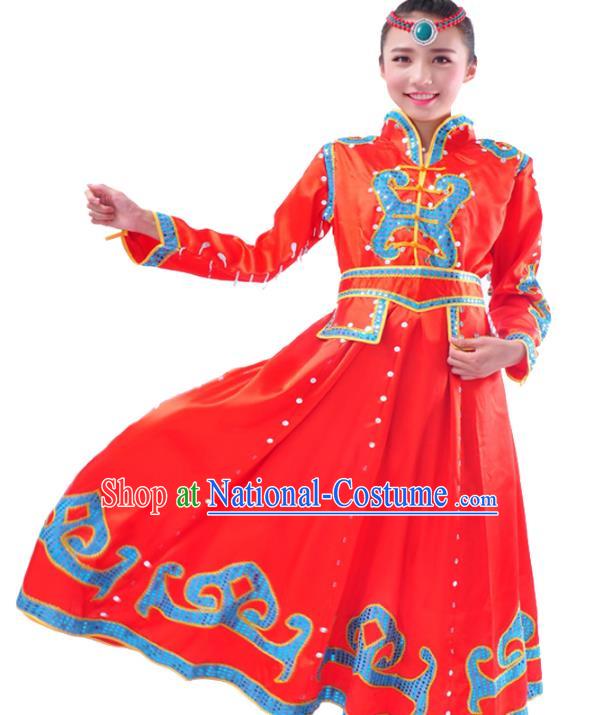 Chinese Mongol Nationality Folk Dance Costume Traditional Mongolian Minority Red Big Swing Dress for Women