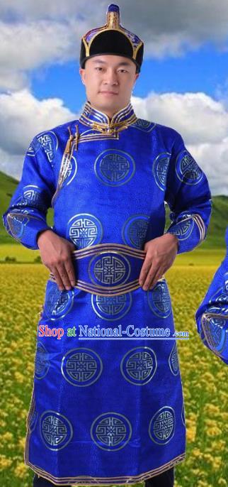 Chinese Mongol Nationality Blue Costume Traditional Mongolian Royal Highness Clothing for Men