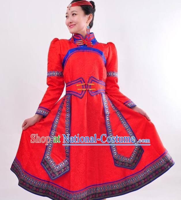 Chinese Mongol Nationality Folk Dance Red Dress Costume Traditional Mongolian Minority Clothing for Women