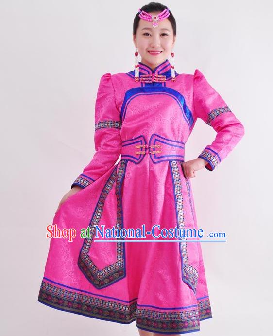 Chinese Mongol Nationality Folk Dance Rosy Dress Costume Traditional Mongolian Minority Clothing for Women