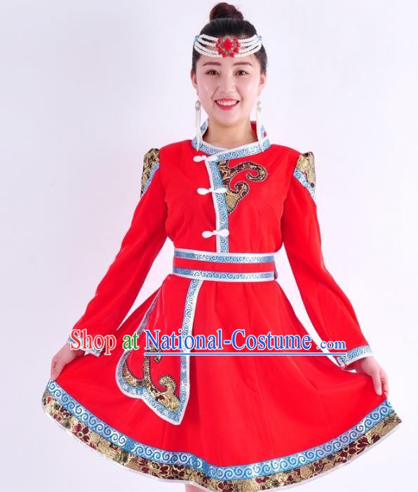 Chinese Mongol Nationality Costume Traditional Mongolian Folk Dance Red Mongolian Robe for Women