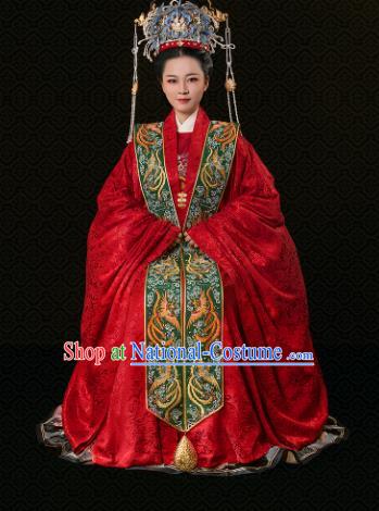 Chinese Traditional Ancient Ming Dynasty Imperial Empress Wedding Hanfu Dress and Phoenix Coronet Complete Set