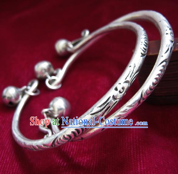 Chinese Miao Nationality Silver Ornaments Traditional Hmong Handmade Carving Bracelets for Women