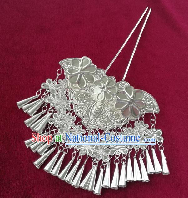 Chinese Traditional Miao Nationality Hair Accessories Hmong Sliver Butterfly Tassel Hairpins Headwear for Women