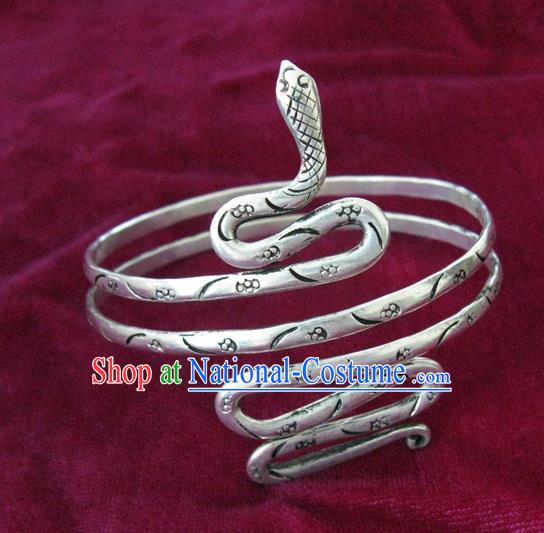 Chinese Miao Nationality Silver Ornaments Traditional Hmong Handmade Snake Bracelets for Women