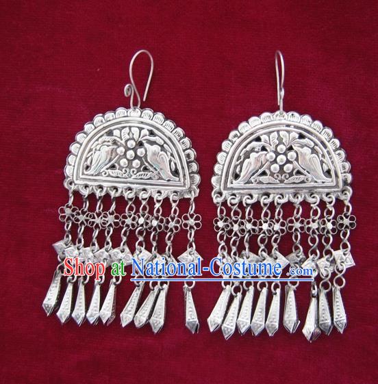 Chinese Handmade Miao Nationality Jewelry Accessories Hmong Sliver Carving Birds Earrings for Women