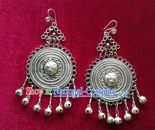 Chinese Handmade Miao Nationality Jewelry Accessories Sliver Bells Tassel Earbob Hmong Earrings for Women