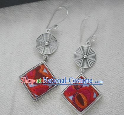 Chinese Handmade Miao Nationality Jewelry Accessories Sliver Red Embroidered Earbob Hmong Earrings for Women