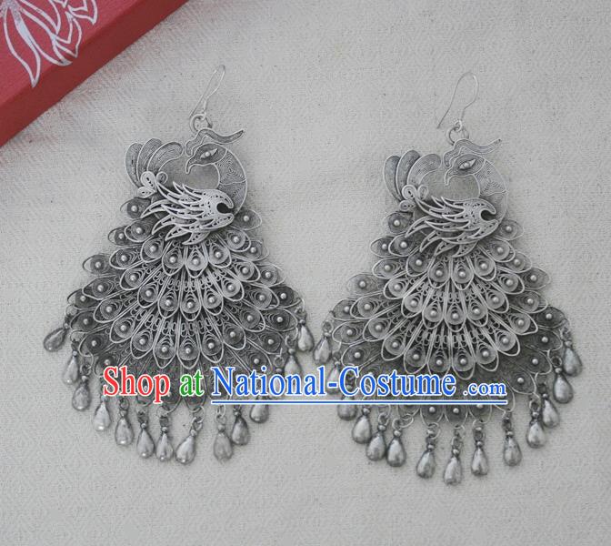 Chinese Handmade Miao Nationality Jewelry Accessories Sliver Phoenix Earrings for Women