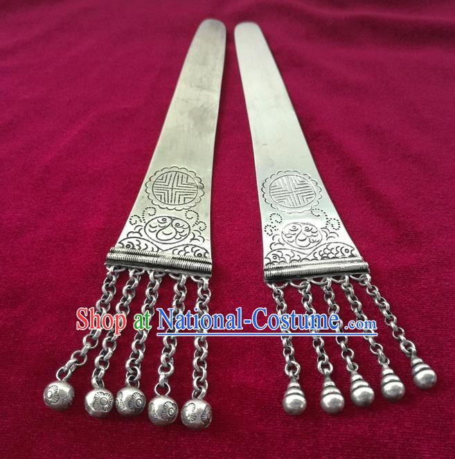 Chinese Traditional Miao Nationality Sliver Hair Accessories Hmong Bells Tassel Hairpins Headwear for Women