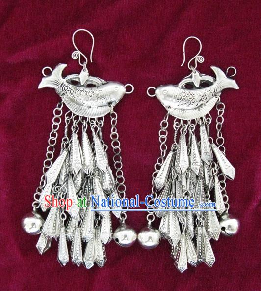 Chinese Handmade Miao Nationality Jewelry Accessories Hmong Sliver Fish Earrings for Women