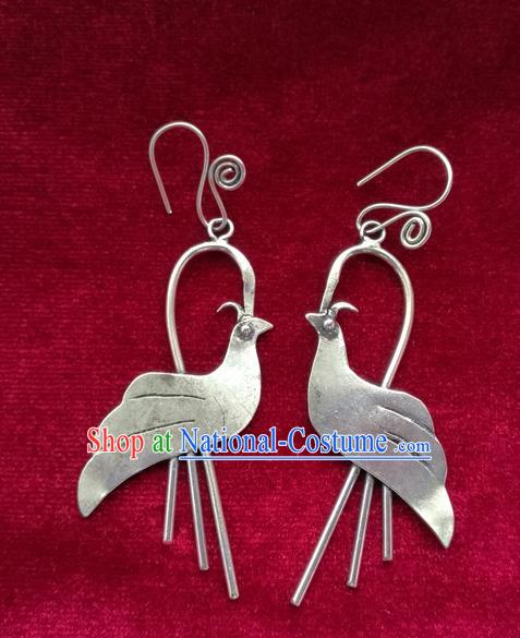 Chinese Handmade Miao Nationality Jewelry Accessories Hmong Bride Sliver Bird Earrings for Women