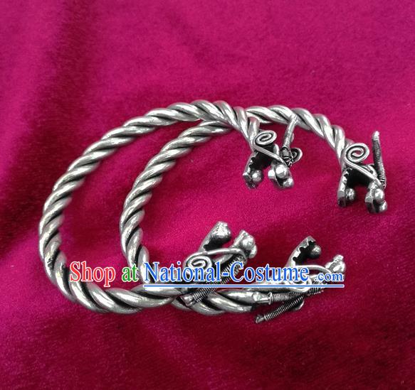 Chinese Miao Nationality Ornaments Sliver Accessories Traditional Hmong Dragon Head Bracelet for Women