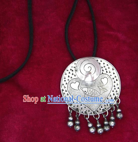 Chinese Miao Nationality Ornaments Carving Sliver Necklace Pendant Traditional Hmong Necklet for Women