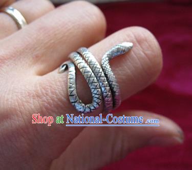 Chinese Miao Nationality Ornaments Sliver Snake Ring Traditional Hmong Finger Ring for Women