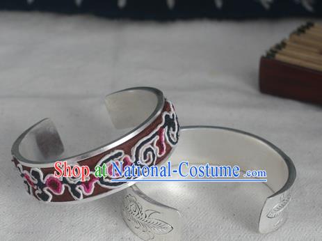 Chinese Miao Nationality Ornaments Sliver Bracelet Traditional Hmong Embroidered Bangle for Women