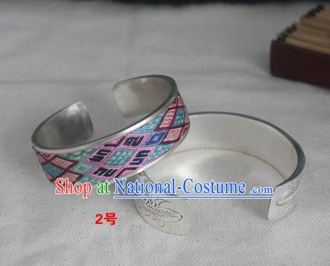 Chinese Miao Nationality Ornaments Sliver Bracelet Traditional Hmong Embroidered Blue Bangle for Women