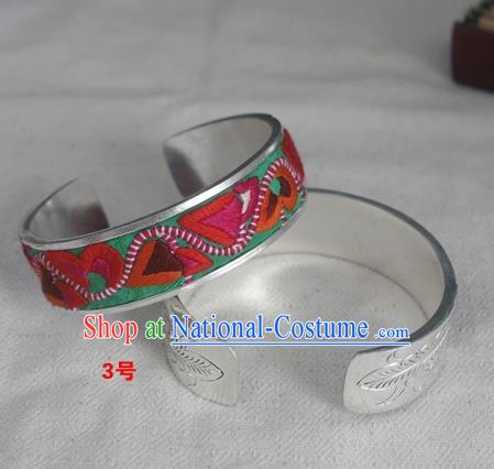 Chinese Miao Nationality Ornaments Sliver Bracelet Traditional Hmong Embroidered Green Bangle for Women