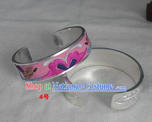 Chinese Miao Nationality Ornaments Sliver Bracelet Traditional Hmong Embroidered Pink Bangle for Women