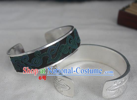 Chinese Miao Nationality Ornaments Sliver Bracelet Traditional Hmong Embroidered Black Bangle for Women