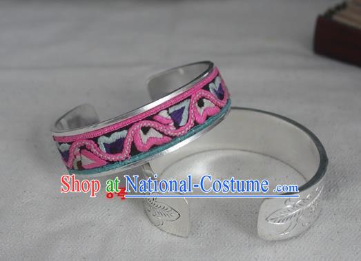 Chinese Miao Nationality Ornaments Embroidered Bracelet Traditional Hmong Sliver Bangle for Women