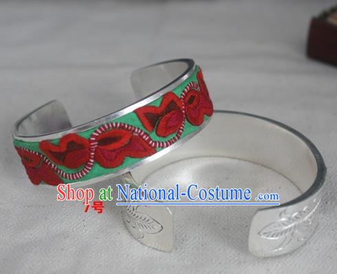 Chinese Miao Nationality Ornaments Sliver Embroidered Bracelet Traditional Hmong Bangle for Women