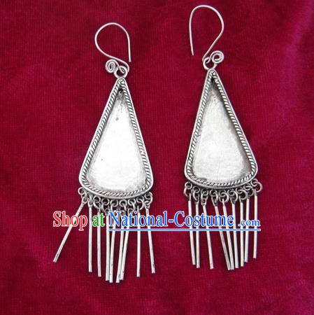 Chinese Handmade Miao Sliver Triangle Eardrop Hmong Nationality Tassel Earrings for Women