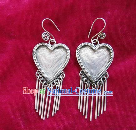 Chinese Handmade Miao Sliver Heart-shaped Eardrop Hmong Nationality Tassel Earrings for Women