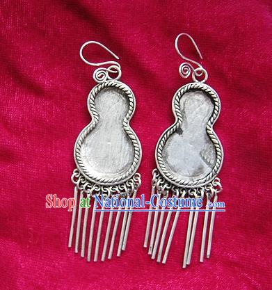 Chinese Handmade Miao Sliver Calabash-shaped Eardrop Hmong Nationality Tassel Earrings for Women