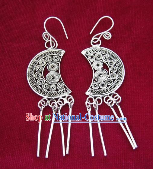 Chinese Handmade Miao Sliver Moon Eardrop Hmong Nationality Earrings for Women