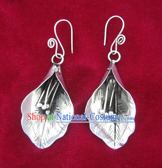 Chinese Handmade Miao Sliver Lily Flower Eardrop Hmong Nationality Earrings for Women