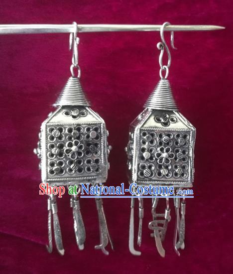 Chinese Handmade Miao Sliver Pierced Eardrop Hmong Nationality Earrings for Women