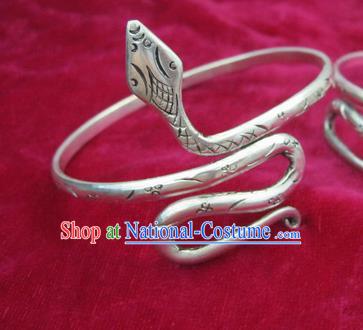 Chinese Miao Sliver Ornaments Snake Bracelet Traditional Hmong Bangle Accessories for Women