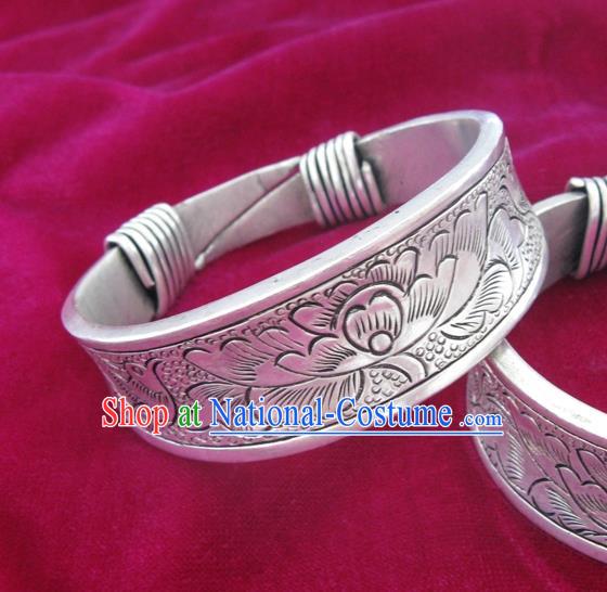 Chinese Miao Sliver Ornaments Carving Peony Bracelet Traditional Hmong Bangle Accessories for Women