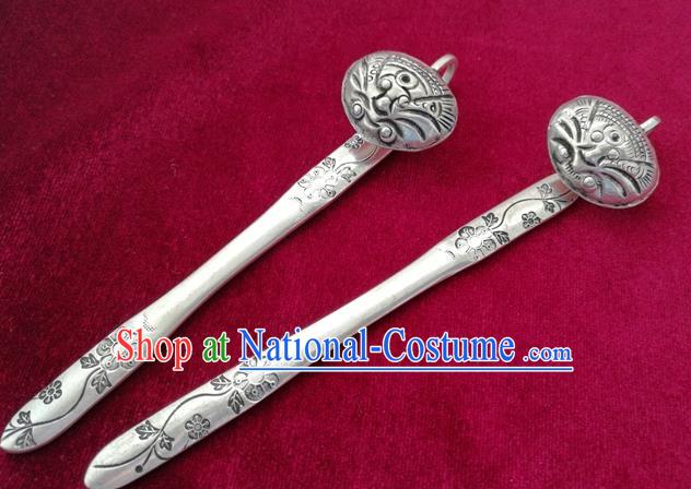 Traditional Chinese Miao Nationality Carving Sliver Hair Clip Hanfu Hairpins Hair Accessories for Women