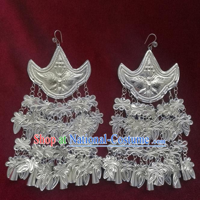 Chinese Handmade Miao Sliver Exaggerated Eardrop Hmong Nationality Earrings for Women