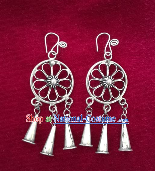 Chinese Handmade Miao Sliver Trumpet Eardrop Hmong Nationality Earrings for Women