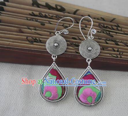 Chinese Handmade Miao Sliver Eardrop Hmong Nationality Embroidered Green Earrings for Women