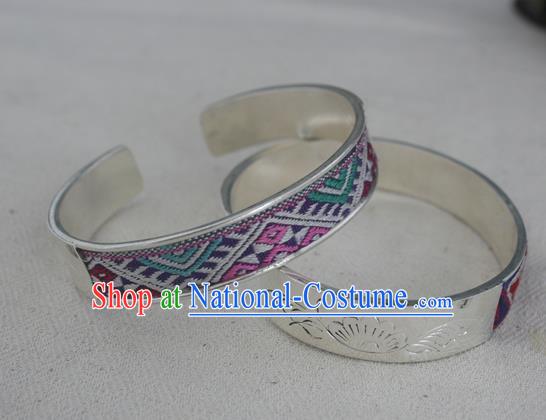 Chinese Miao Sliver Ornaments Embroidered Bracelet Traditional Hmong Handmade Bangle for Women