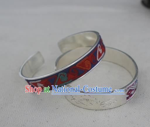 Chinese Miao Sliver Ornaments Embroidered Bracelet Traditional Hmong Handmade Sliver Bangle for Women