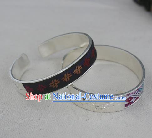 Chinese Miao Sliver Ornaments Embroidered Black Bracelet Traditional Hmong Handmade Sliver Bangle for Women