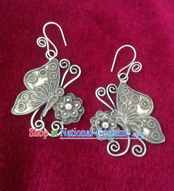 Chinese Miao Sliver Ornaments Sliver Earrings Traditional Hmong Handmade Butterfly Eardrop for Women