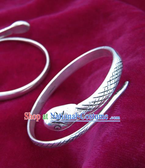 Chinese Miao Sliver Ornaments Snake Bracelet Traditional Hmong Handmade Sliver Bangle for Women