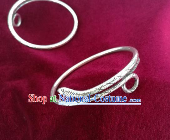 Chinese Miao Sliver Ornaments Bracelet Traditional Hmong Handmade Sliver Snake Bangle for Women