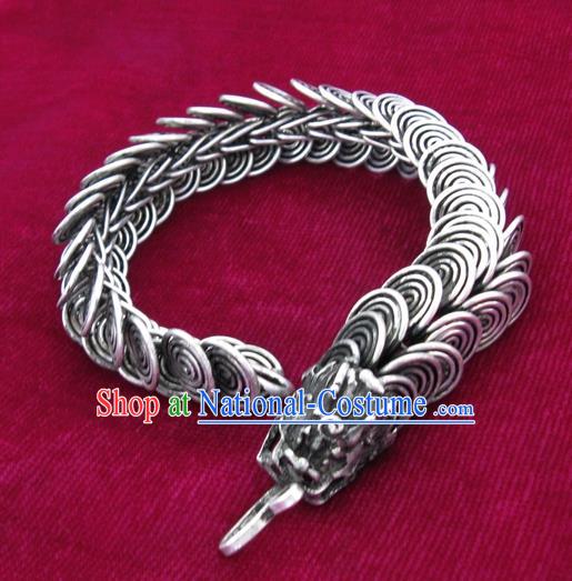 Chinese Miao Sliver Ornaments Dragon Head Bracelet Traditional Hmong Handmade Sliver Bangle for Women