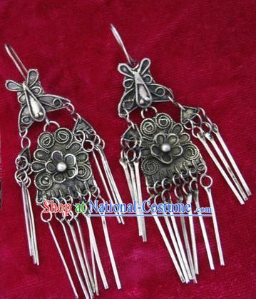 Chinese Handmade Miao Sliver Butterfly Exaggerated Eardrop Hmong Nationality Earrings for Women