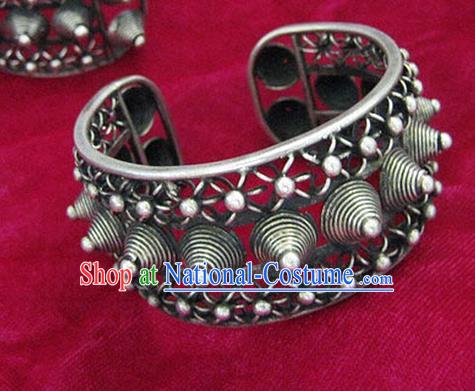 Chinese Miao Sliver Ornaments Rivet Bracelet Traditional Hmong Handmade Sliver Bangle for Women