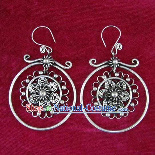 Chinese Handmade Miao Sliver Flower Earrings Hmong Nationality Eardrop Pendant for Women